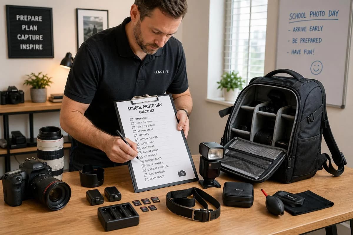Equipamento fotográfico organizado para o dia da foto escolar