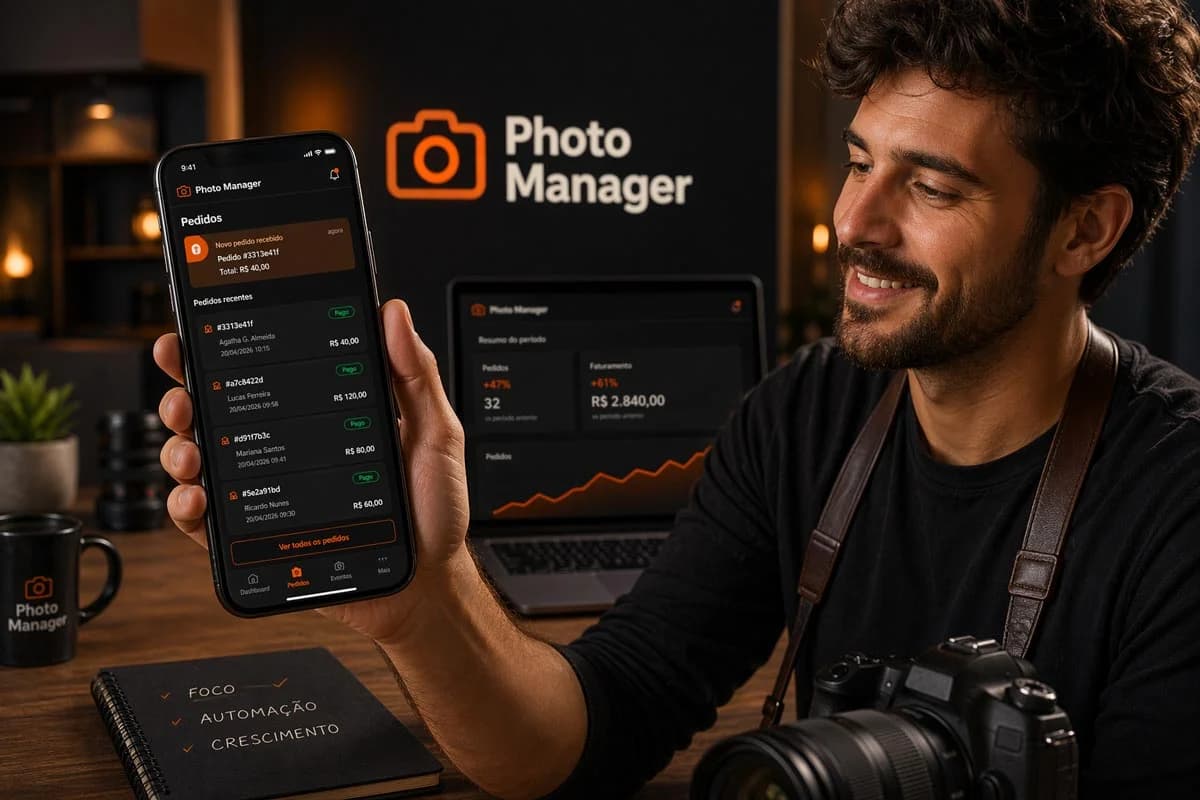 Fotógrafo escolar acompanhando vendas e pedidos no celular