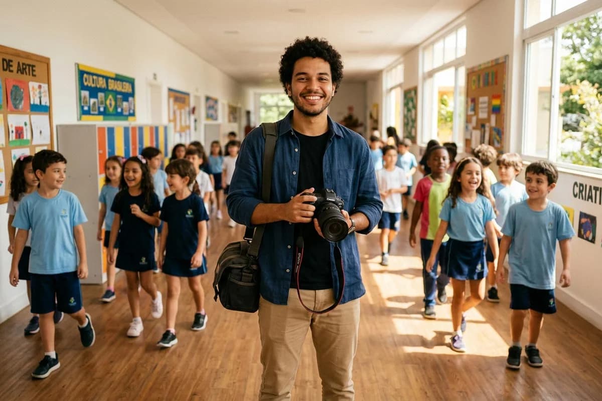 Fotógrafo iniciante organizando primeiro evento escolar com profissionalismo