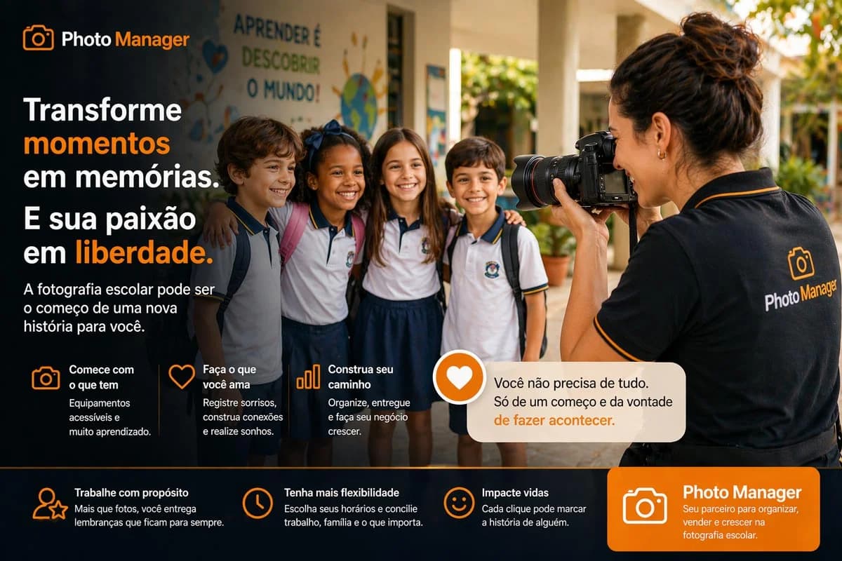 Fotógrafa escolar trabalhando com crianças em ambiente escolar com segurança e profissionalismo